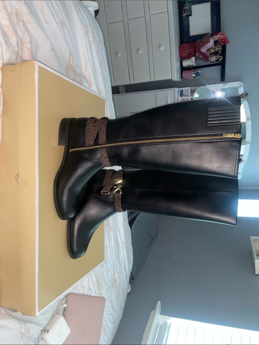 Michael Kors Black Leather Over-the-Knee Boots with Brown Accent Strap